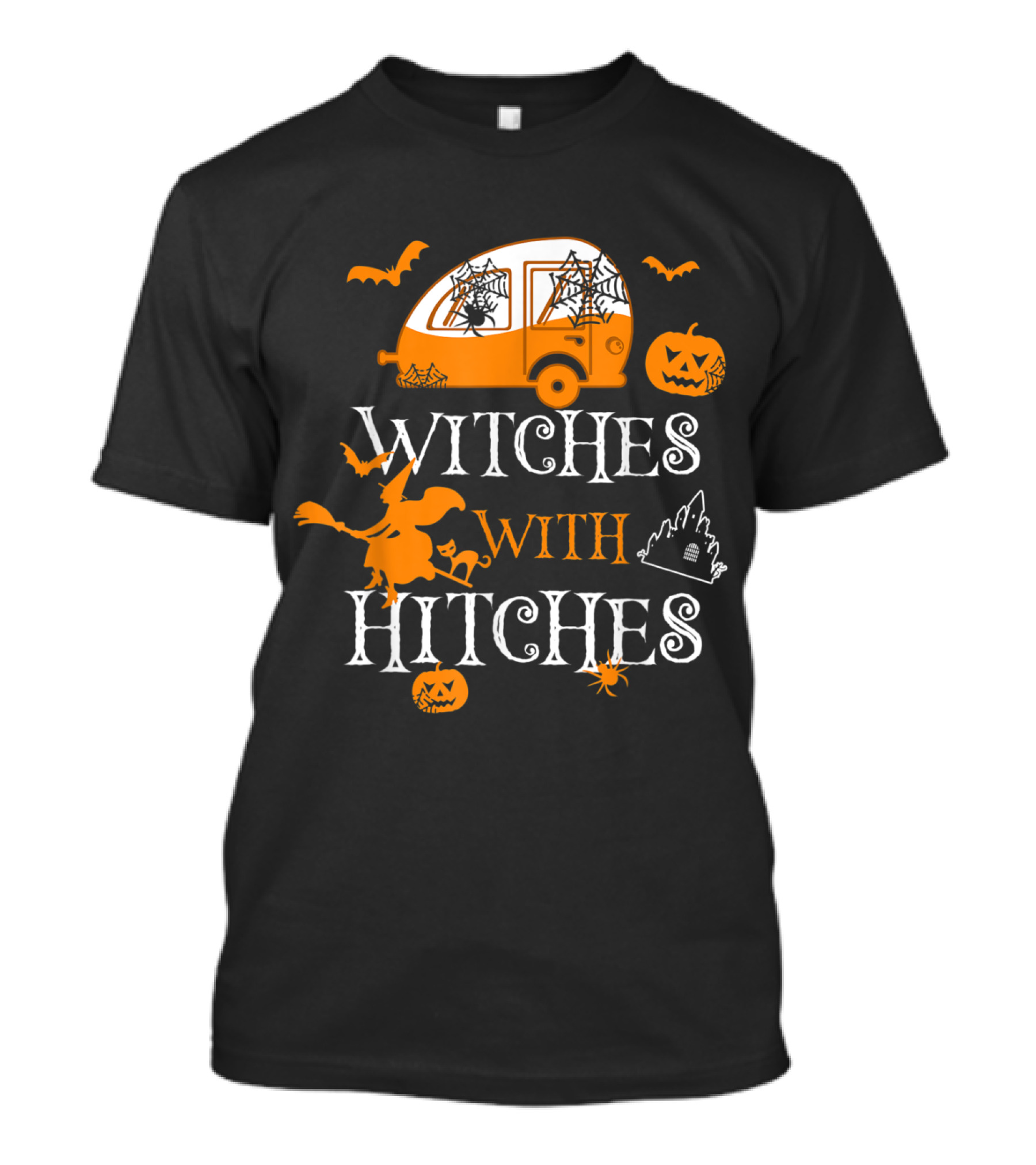 Witches With Hitches Halloween Camping Bats Pumpkins Spiders Trailer T-Shirt