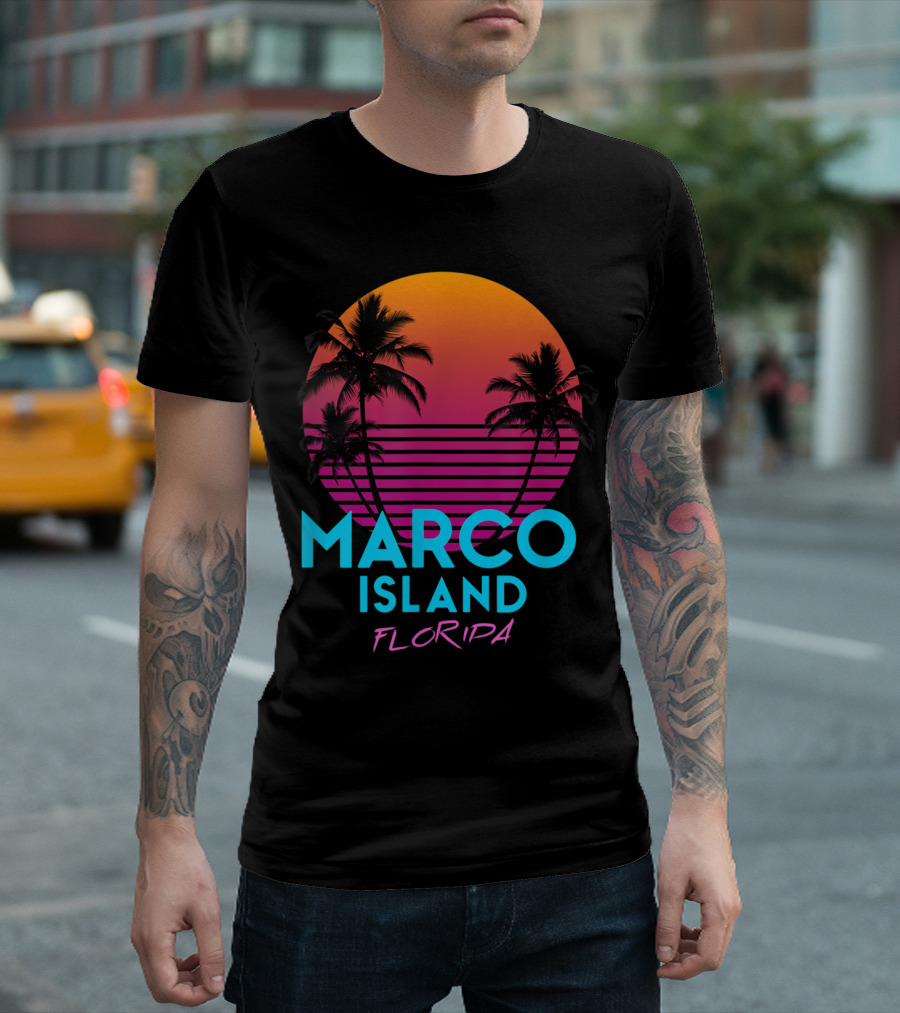 Marco Island Florida Retro 80s Sunset Palm Trees T-Shirt