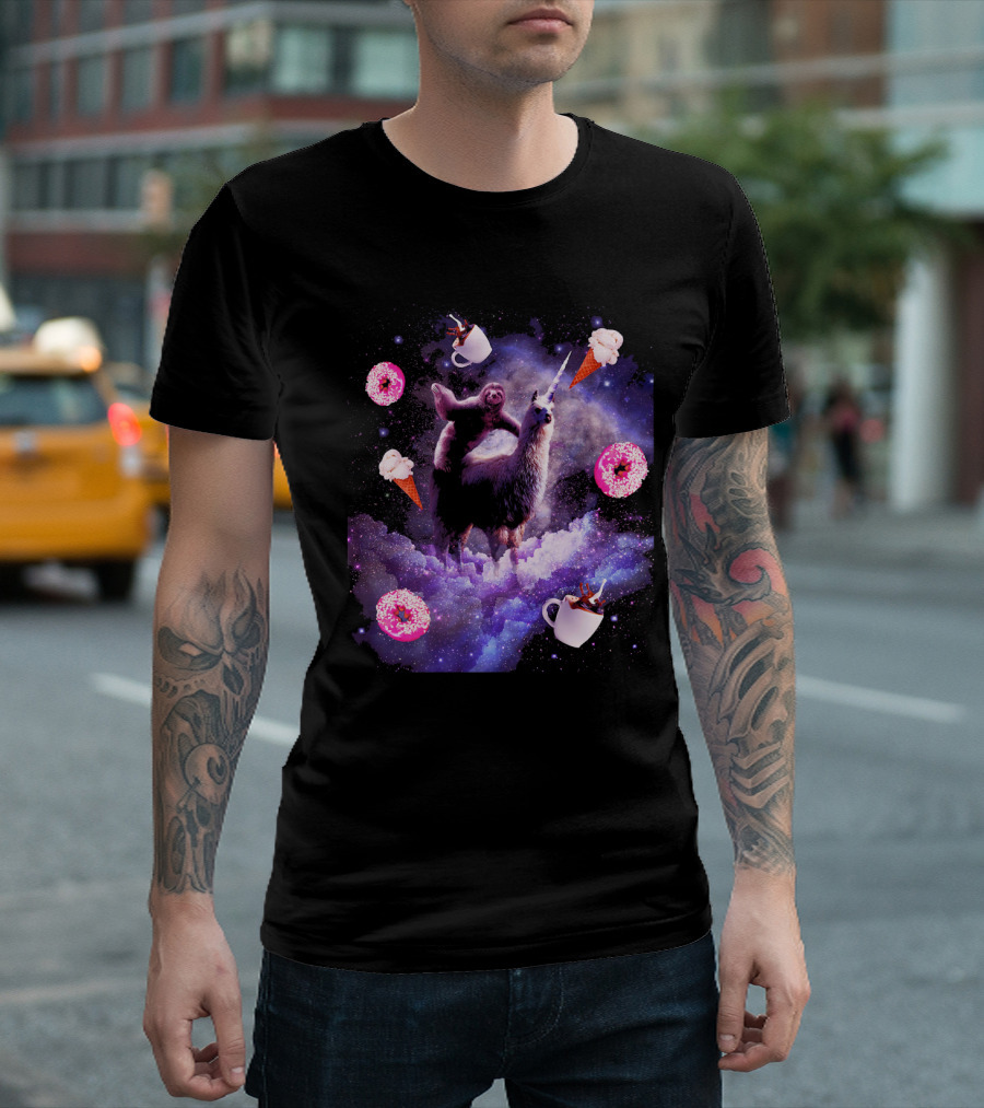 Outer Space Sloth Riding Llama Unicorn with Donut Coffee and Ice Cream Galaxy T-Shirt