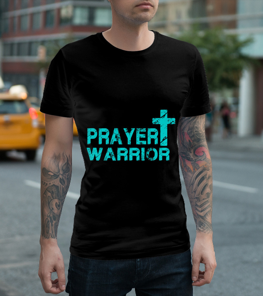 Prayer Warrior Distressed Cross Christian Faith T-Shirt