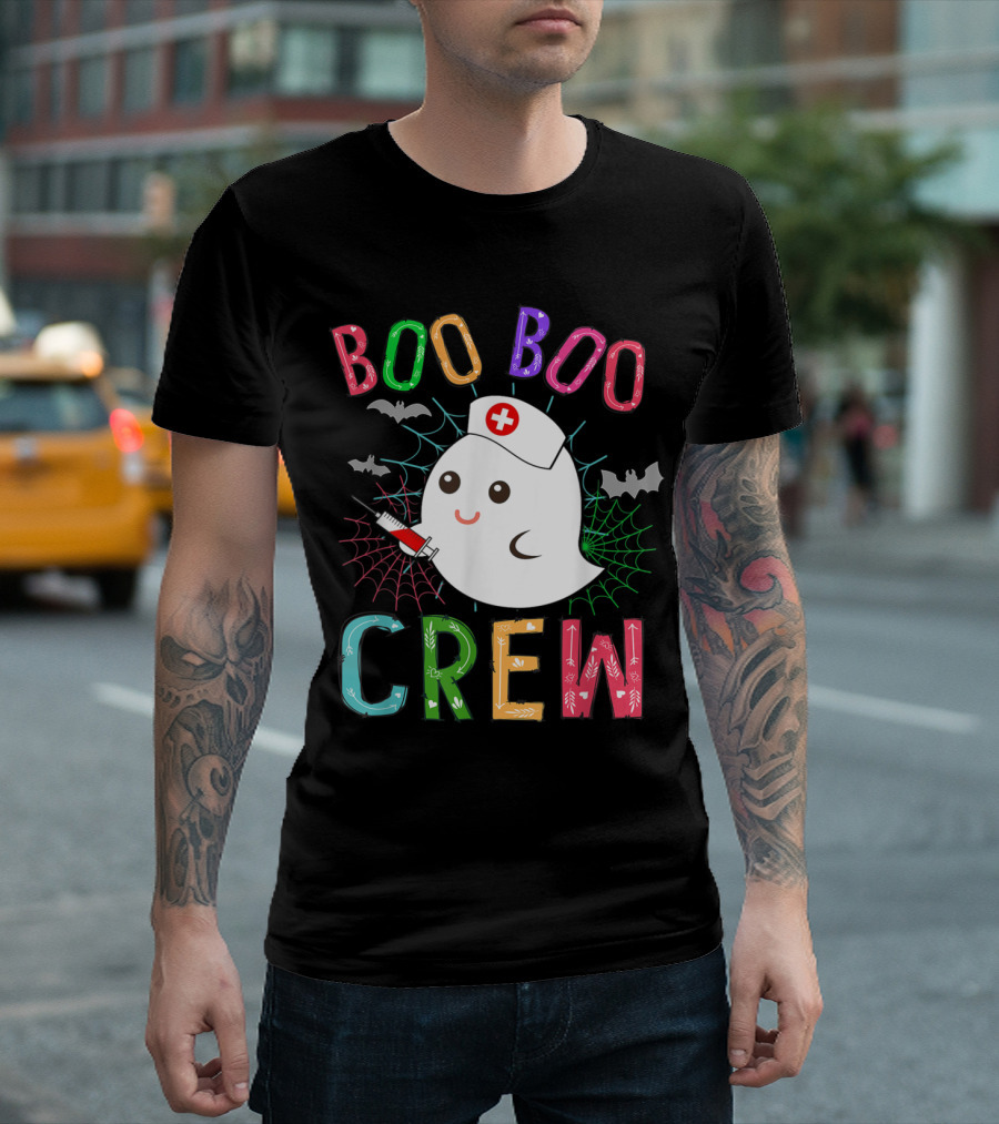 Boo Boo Crew Halloween Ghost Nurse with Bats and Spider Webs T-Shirt