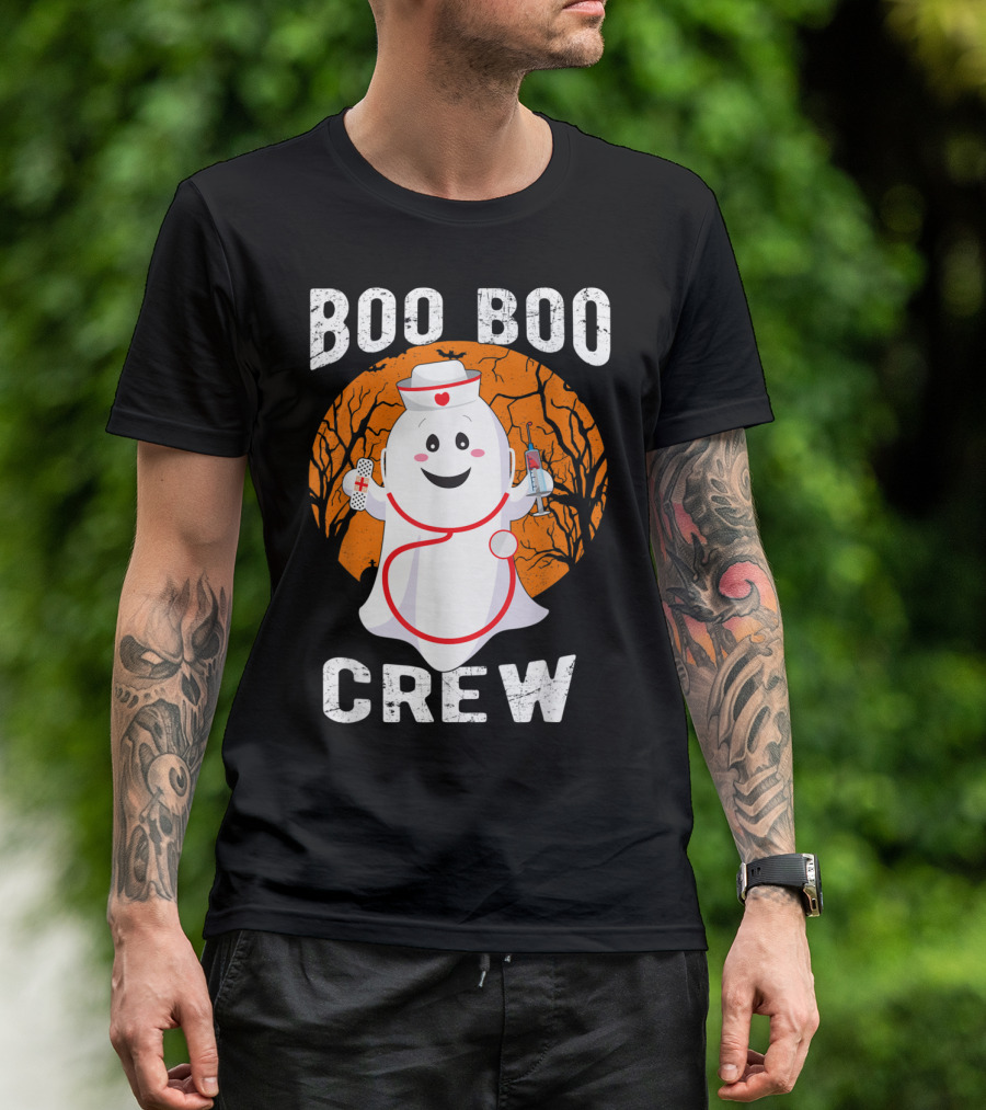 Boo Boo Crew Nurse Ghost Halloween Outfit With Bandage And Syringe T-Shirt