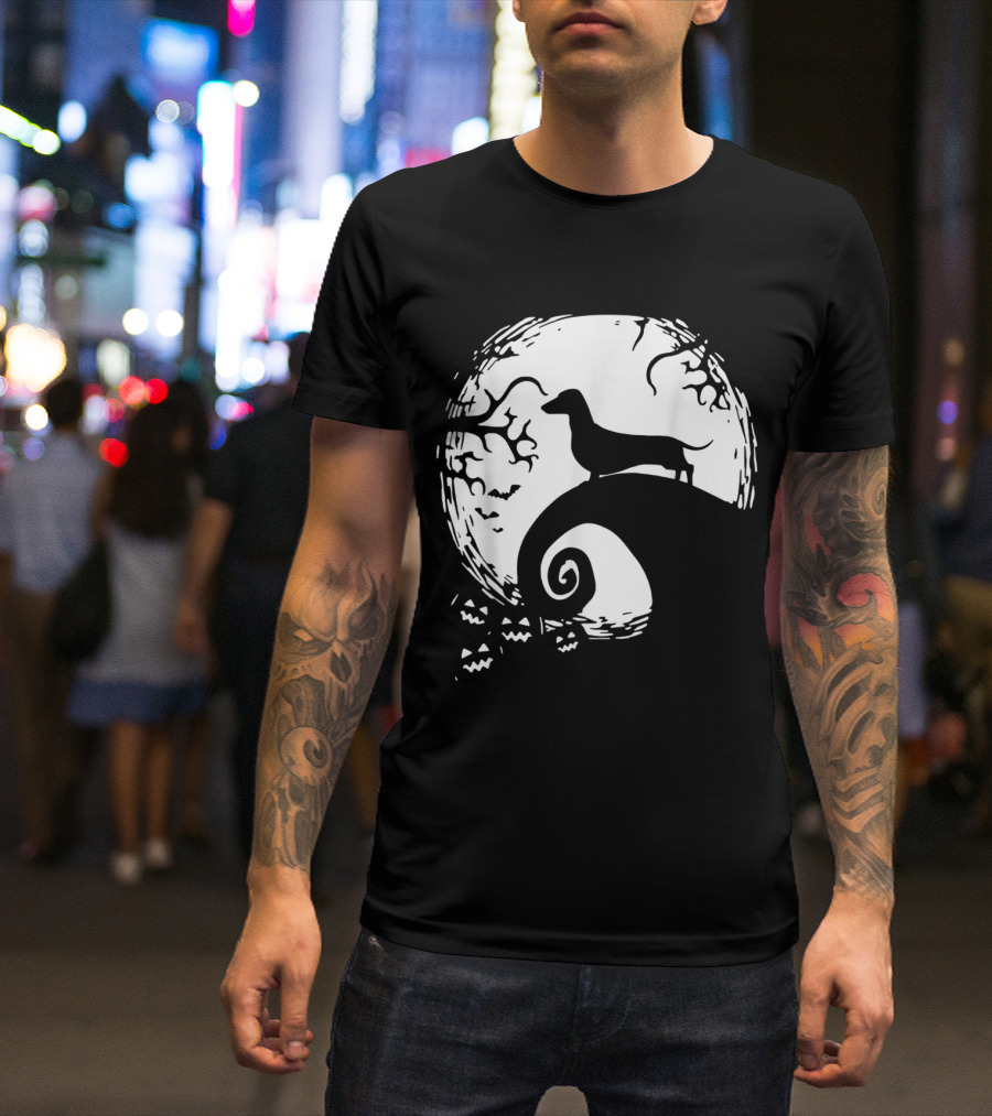 Dachshund Standing On Spiral Hill With Full Moon And Halloween Theme For Dachshund Lovers T-Shirt