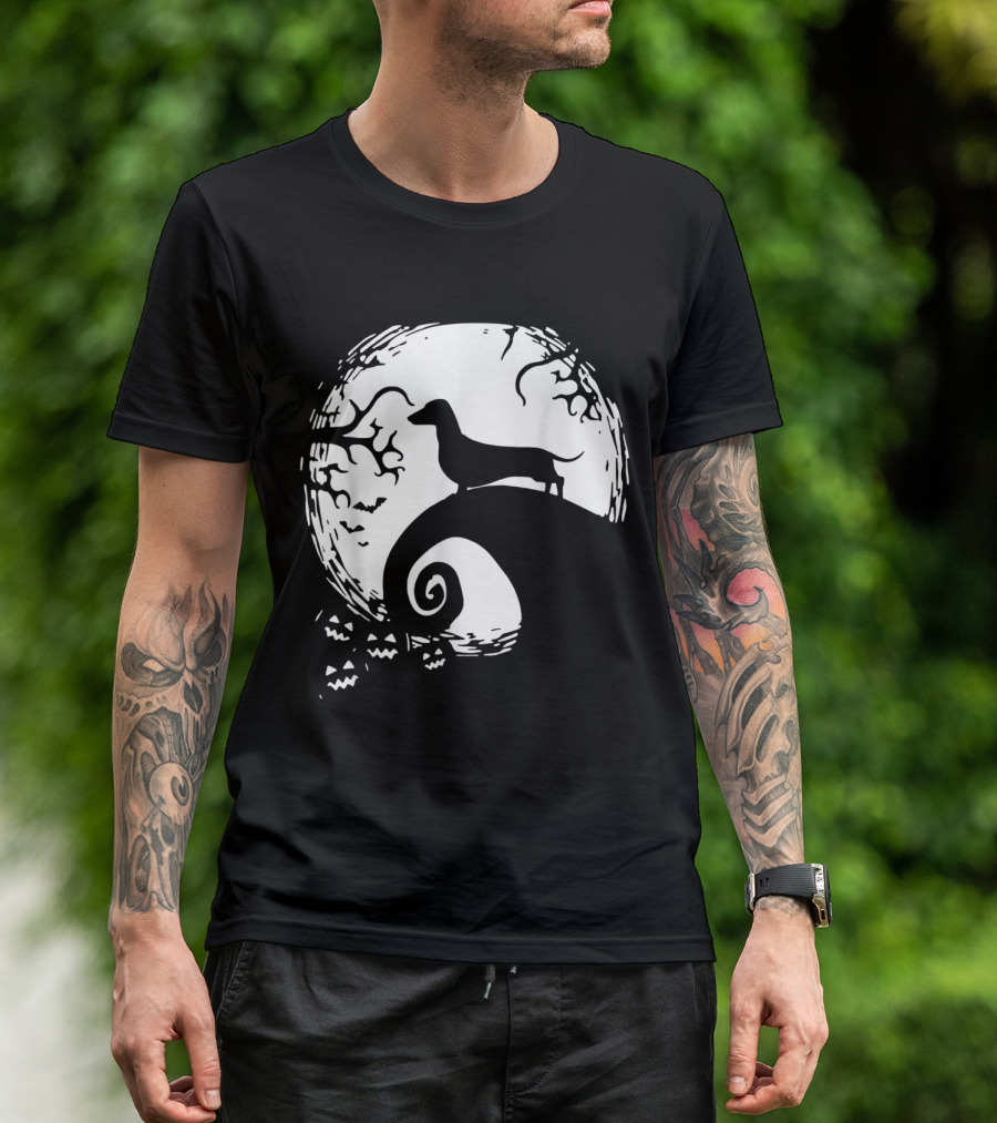Dachshund Standing On Spiral Hill With Full Moon And Halloween Theme For Dachshund Lovers T-Shirt