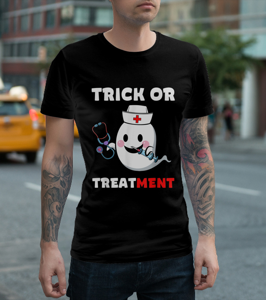 Trick Or Treatment Funny Nurse Costume Cute Ghost Halloween T-Shirt