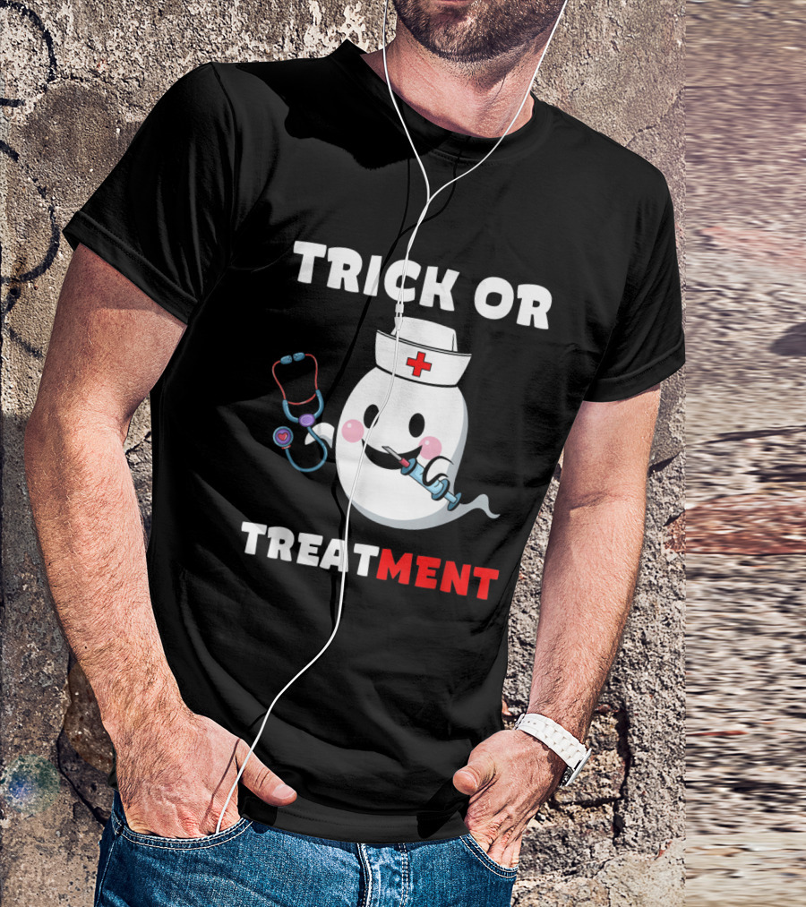 Trick Or Treatment Funny Nurse Costume Cute Ghost Halloween T-Shirt