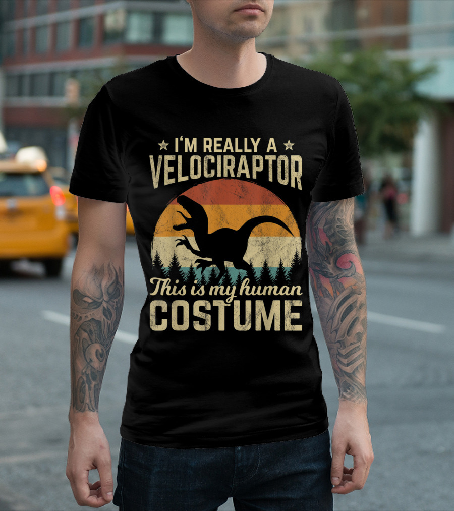I’m Really A Velociraptor This Is My Human Costume Retro Vintage 70s Halloween T-Shirt