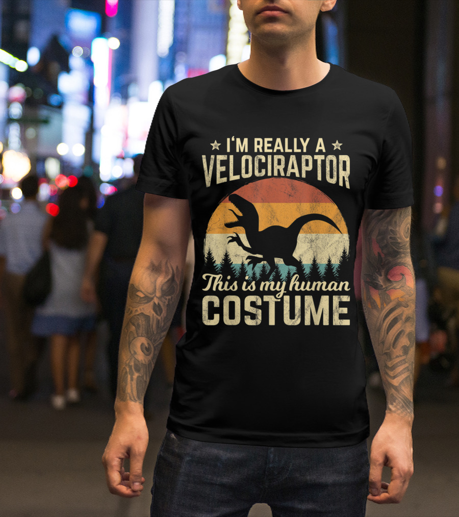 I’m Really A Velociraptor This Is My Human Costume Retro Vintage 70s Halloween T-Shirt