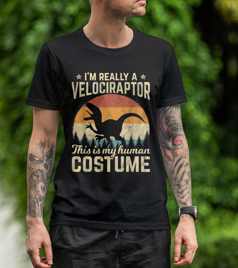 I’m Really A Velociraptor This Is My Human Costume Retro Vintage 70s Halloween T-Shirt