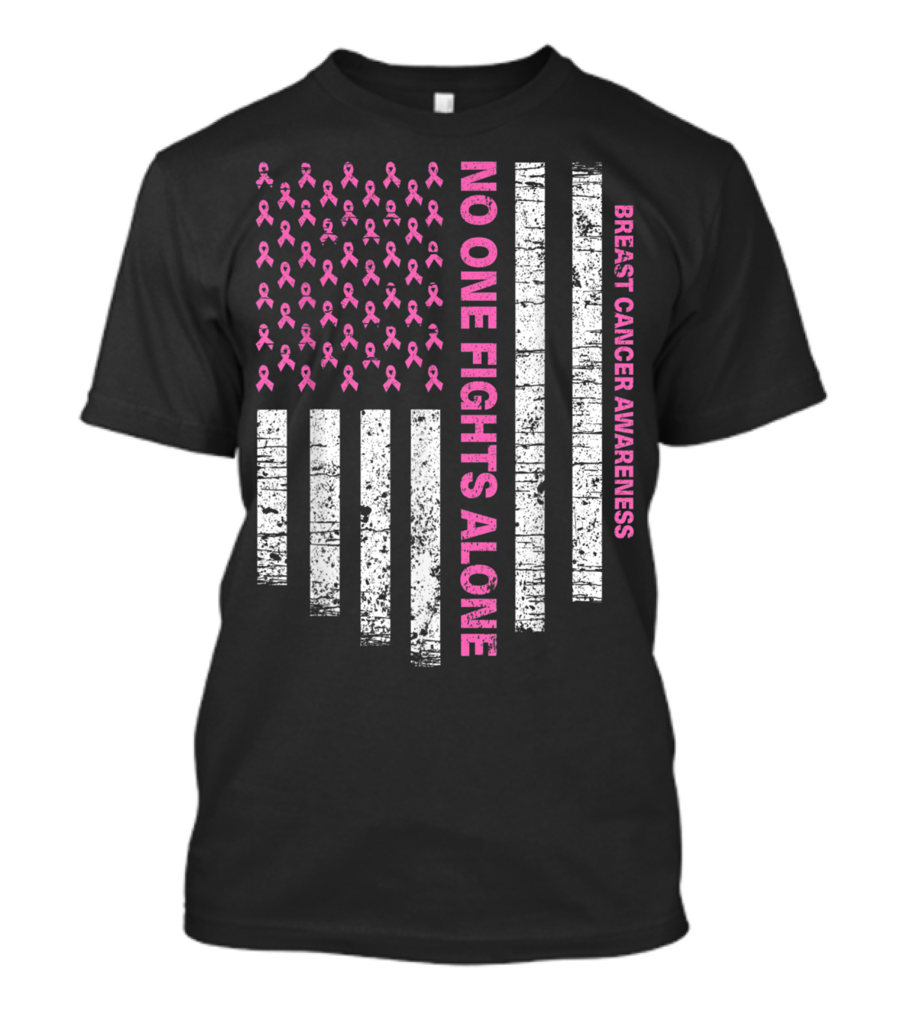 No One Fights Alone Breast Cancer Awareness Pink Ribbon USA Flag T-Shirt