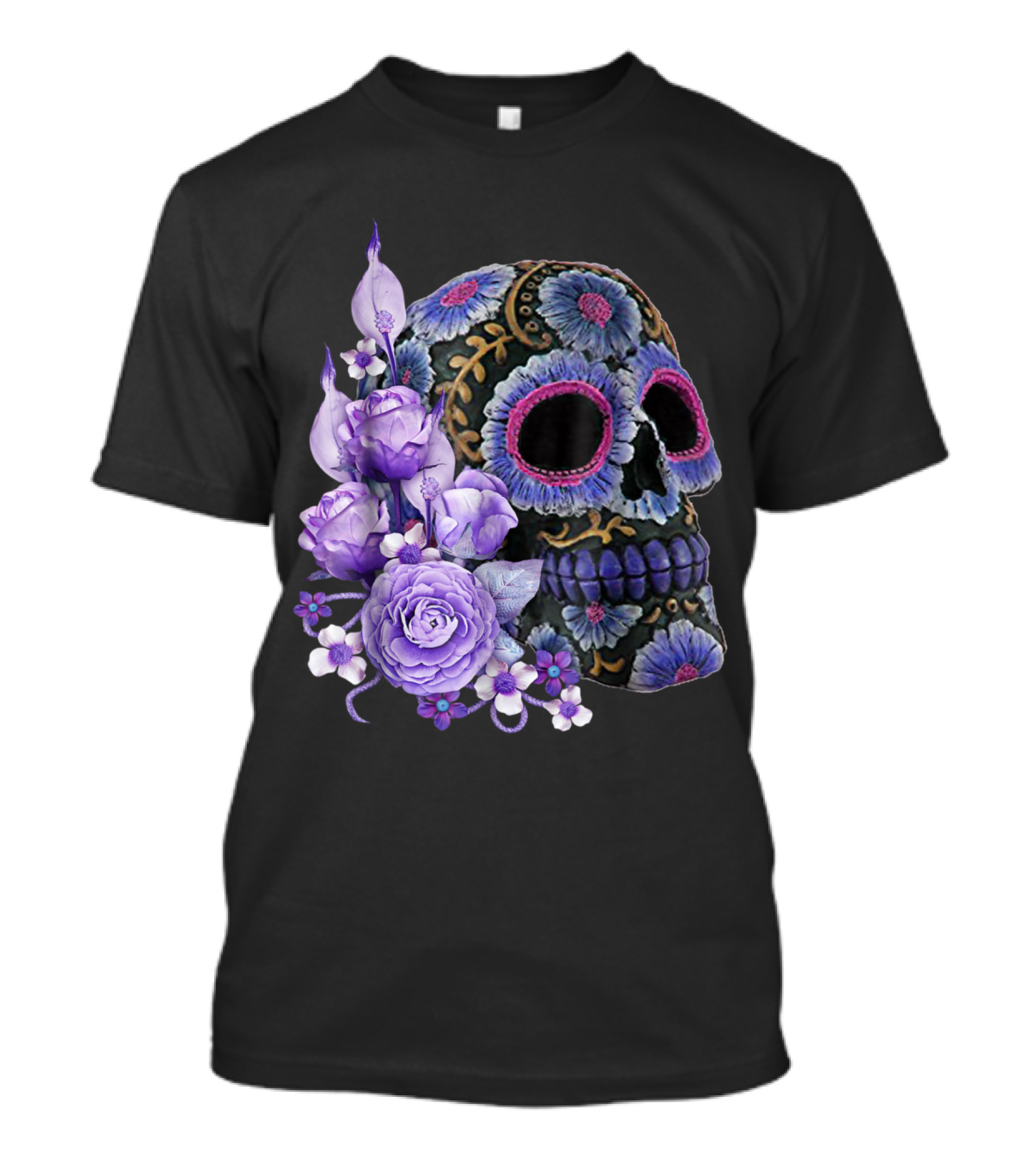 Purple Floral Black Sugar Skull Day Of The Dead Mexican Tradition T-Shirt