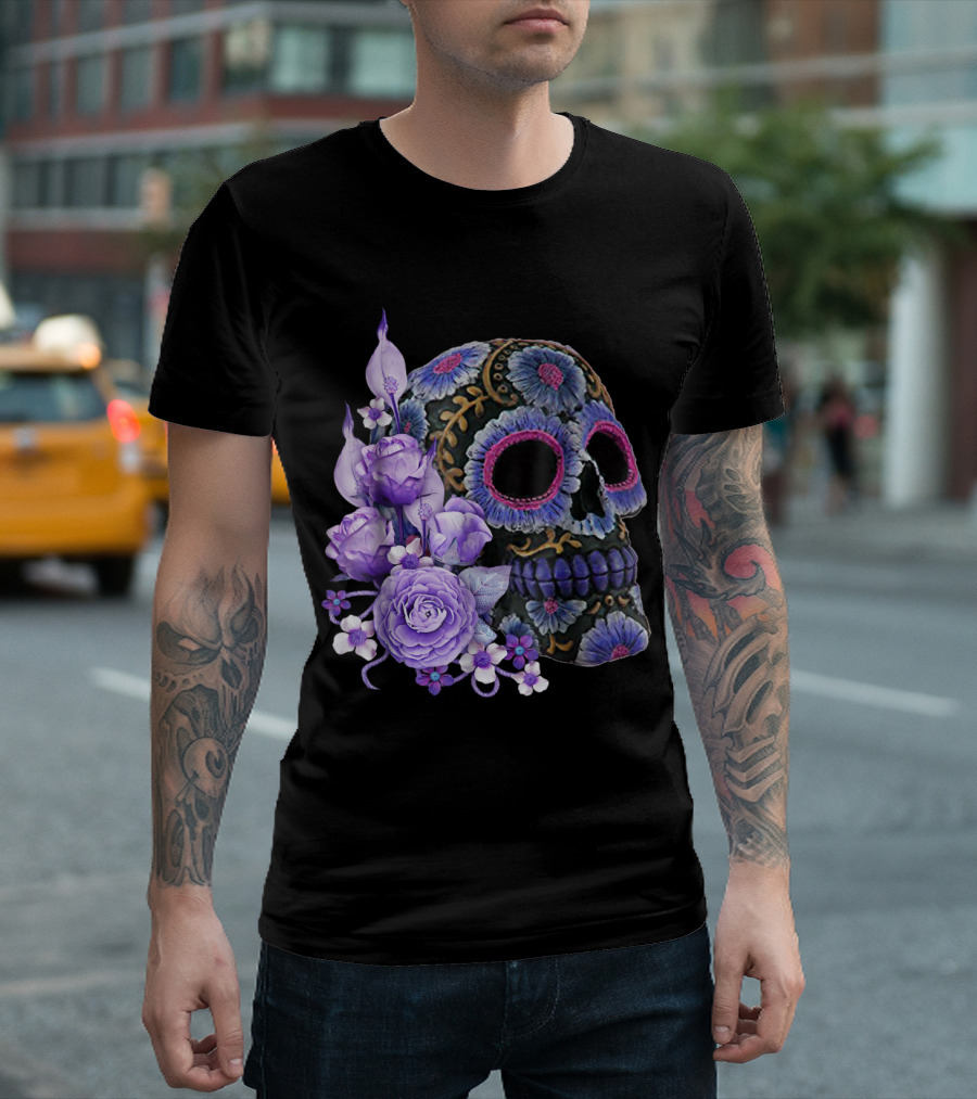 Purple Floral Black Sugar Skull Day Of The Dead Mexican Tradition T-Shirt