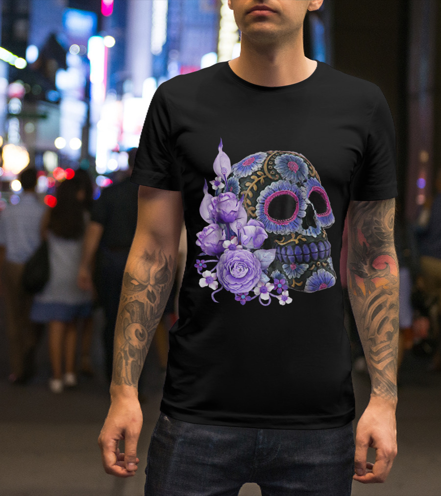 Purple Floral Black Sugar Skull Day Of The Dead Mexican Tradition T-Shirt