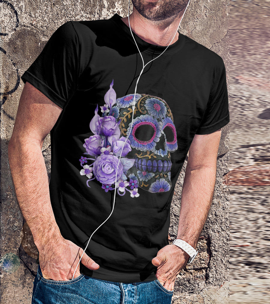 Purple Floral Black Sugar Skull Day Of The Dead Mexican Tradition T-Shirt