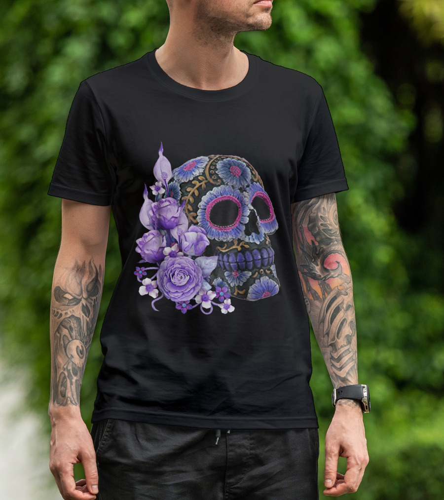 Purple Floral Black Sugar Skull Day Of The Dead Mexican Tradition T-Shirt