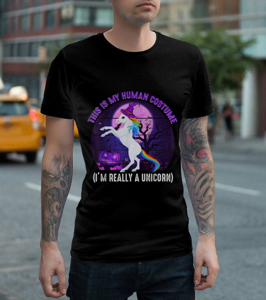 This Is My Human Costume I’m Really A Unicorn Halloween Pumpkin Moon T-Shirt