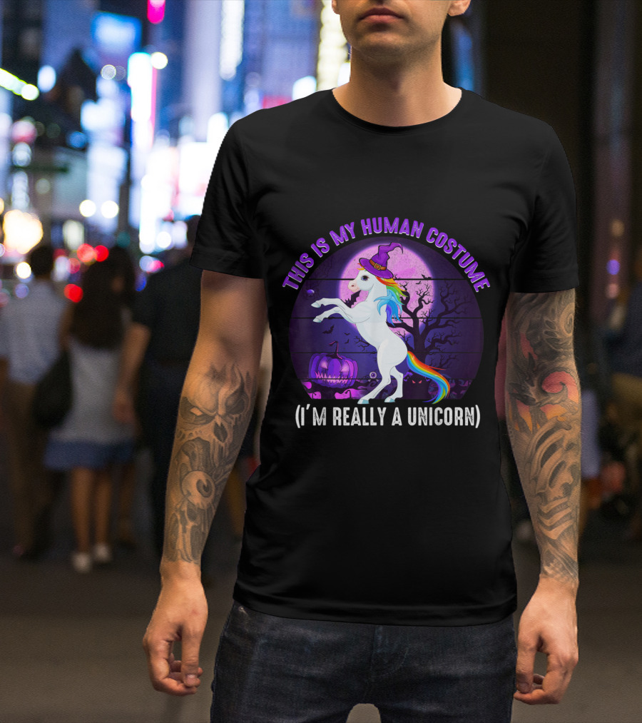 This Is My Human Costume I’m Really A Unicorn Halloween Pumpkin Moon T-Shirt