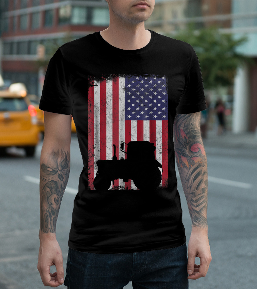 Vintage Tractor Silhouette On Distressed American Flag Patriotic Farming T-Shirt