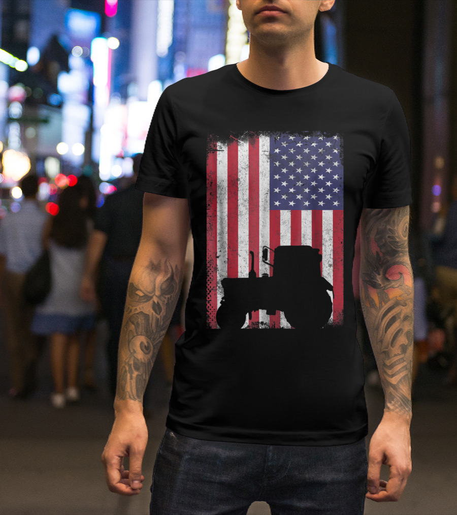 Vintage Tractor Silhouette On Distressed American Flag Patriotic Farming T-Shirt