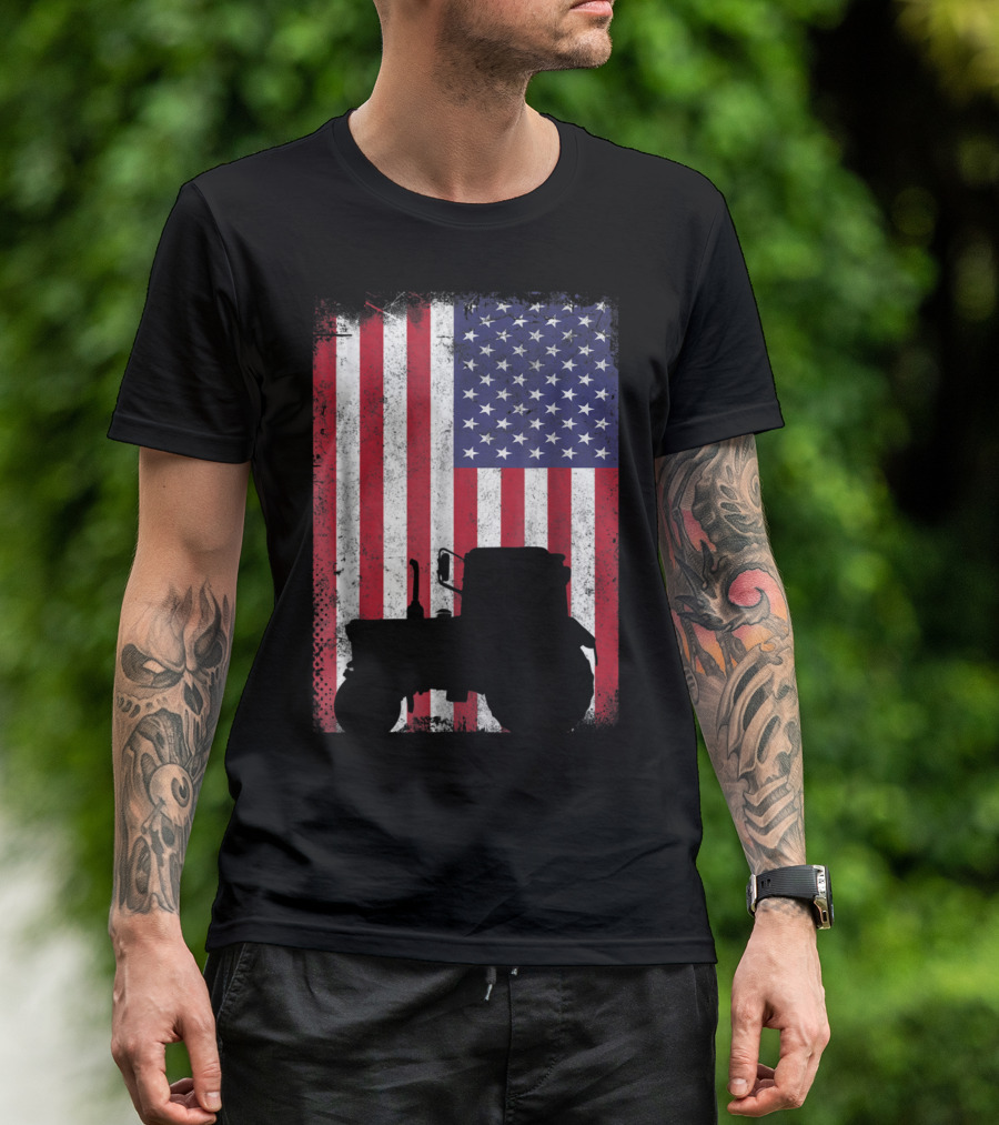 Vintage Tractor Silhouette On Distressed American Flag Patriotic Farming T-Shirt