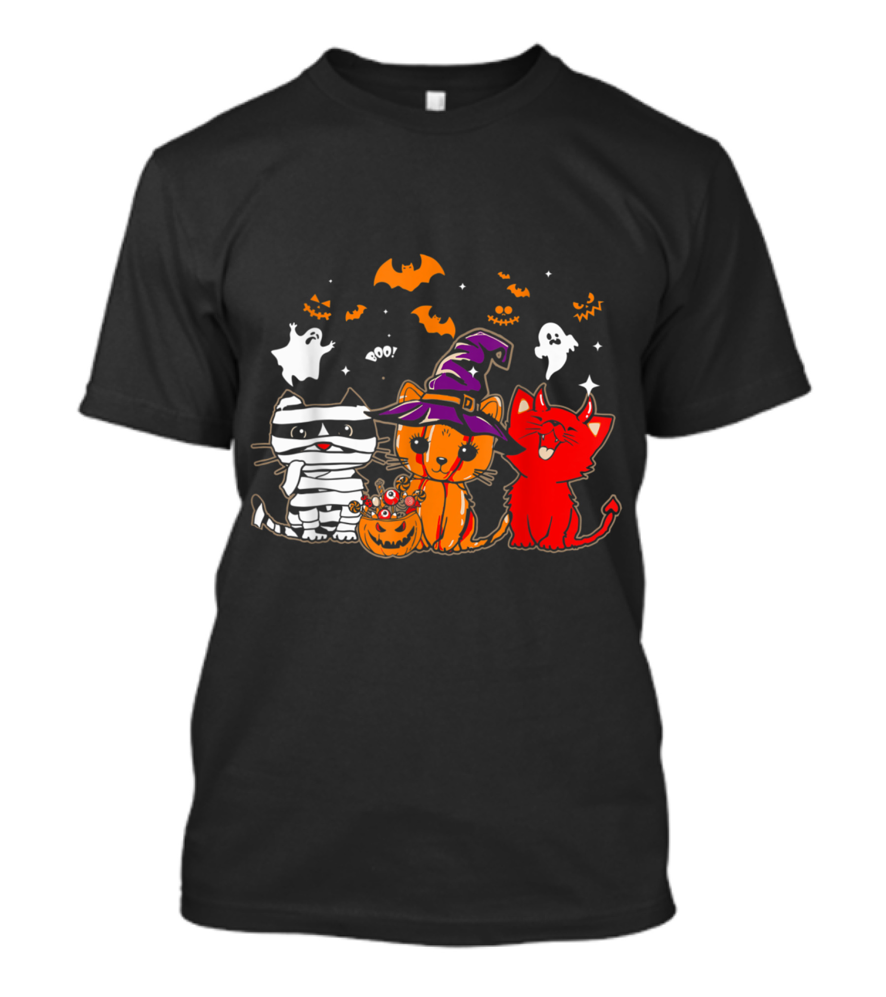 Funny Cat Lover Happy Halloween With Ghosts And Witch Hat Cats T-Shirt