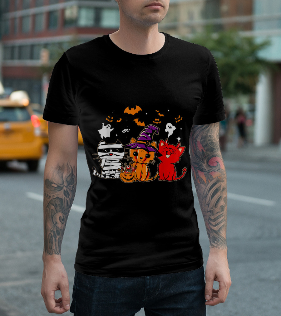 Funny Cat Lover Happy Halloween With Ghosts And Witch Hat Cats T-Shirt