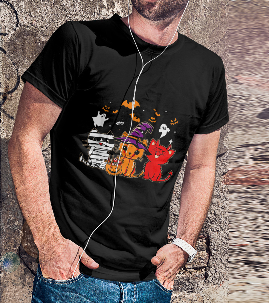 Funny Cat Lover Happy Halloween With Ghosts And Witch Hat Cats T-Shirt