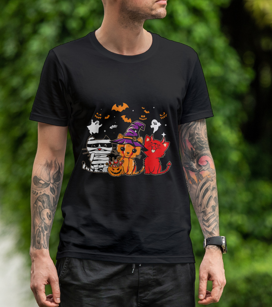 Funny Cat Lover Happy Halloween With Ghosts And Witch Hat Cats T-Shirt