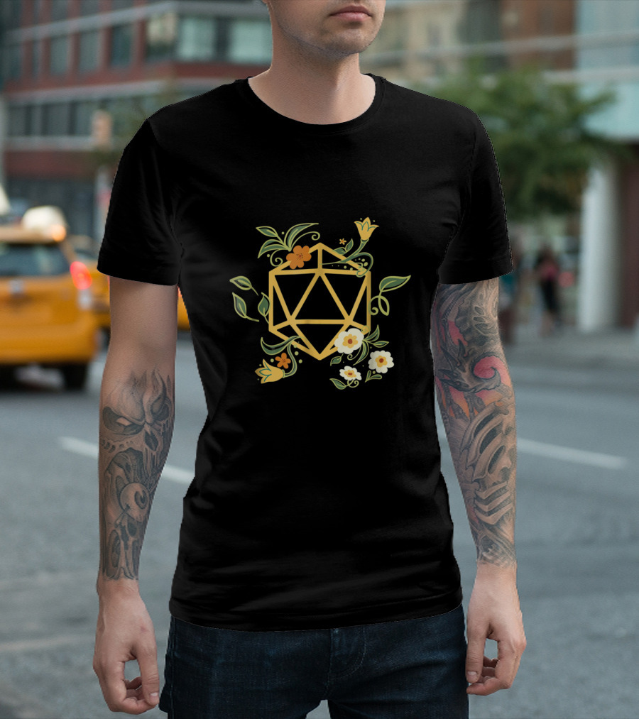 Polyhedral D20 Dice Floral Geeky Plant Nerdy T-Shirt