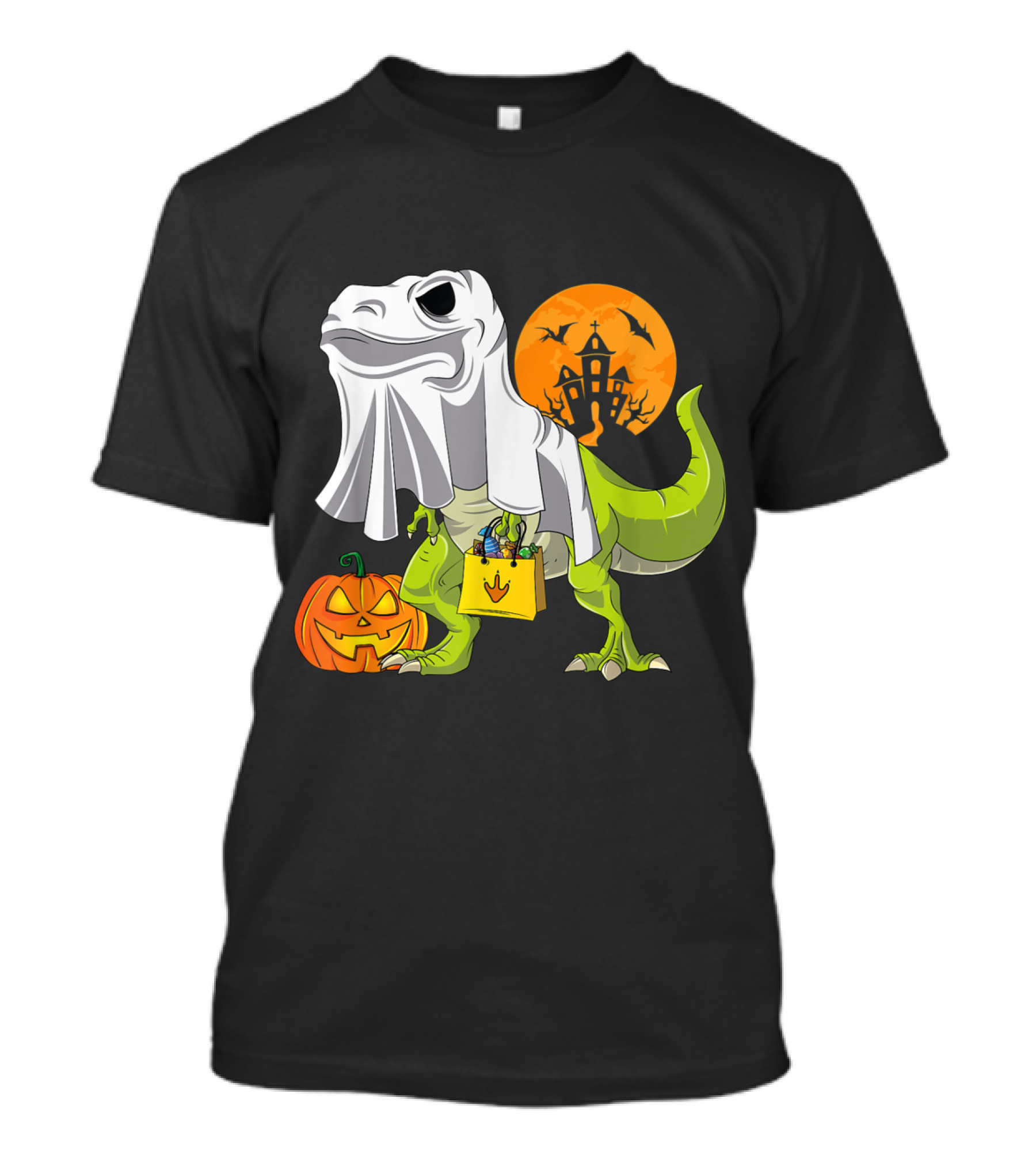 Ghost Dinosaur Trick-or-Treating With Pumpkin And Haunted House Moon T-Shirt
