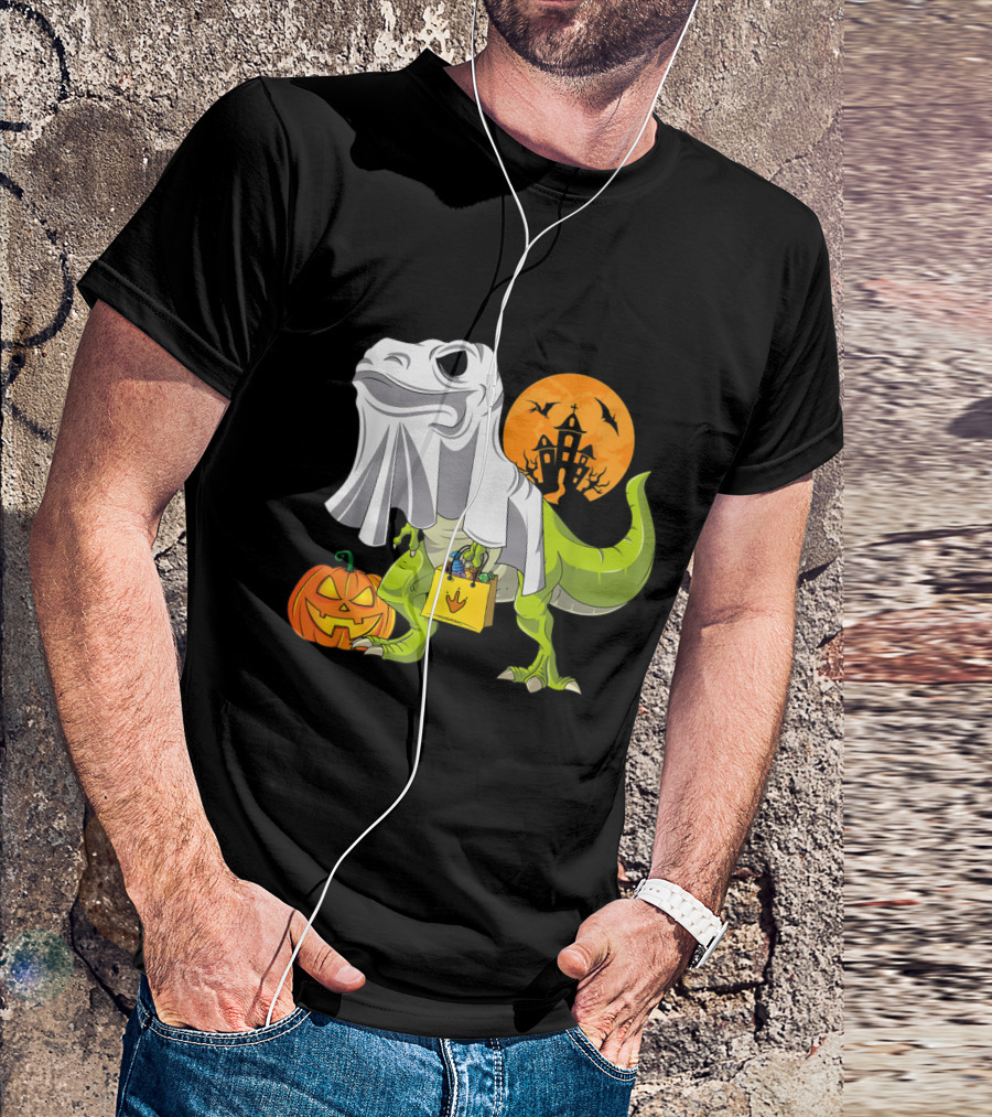 Ghost Dinosaur Trick-or-Treating With Pumpkin And Haunted House Moon T-Shirt