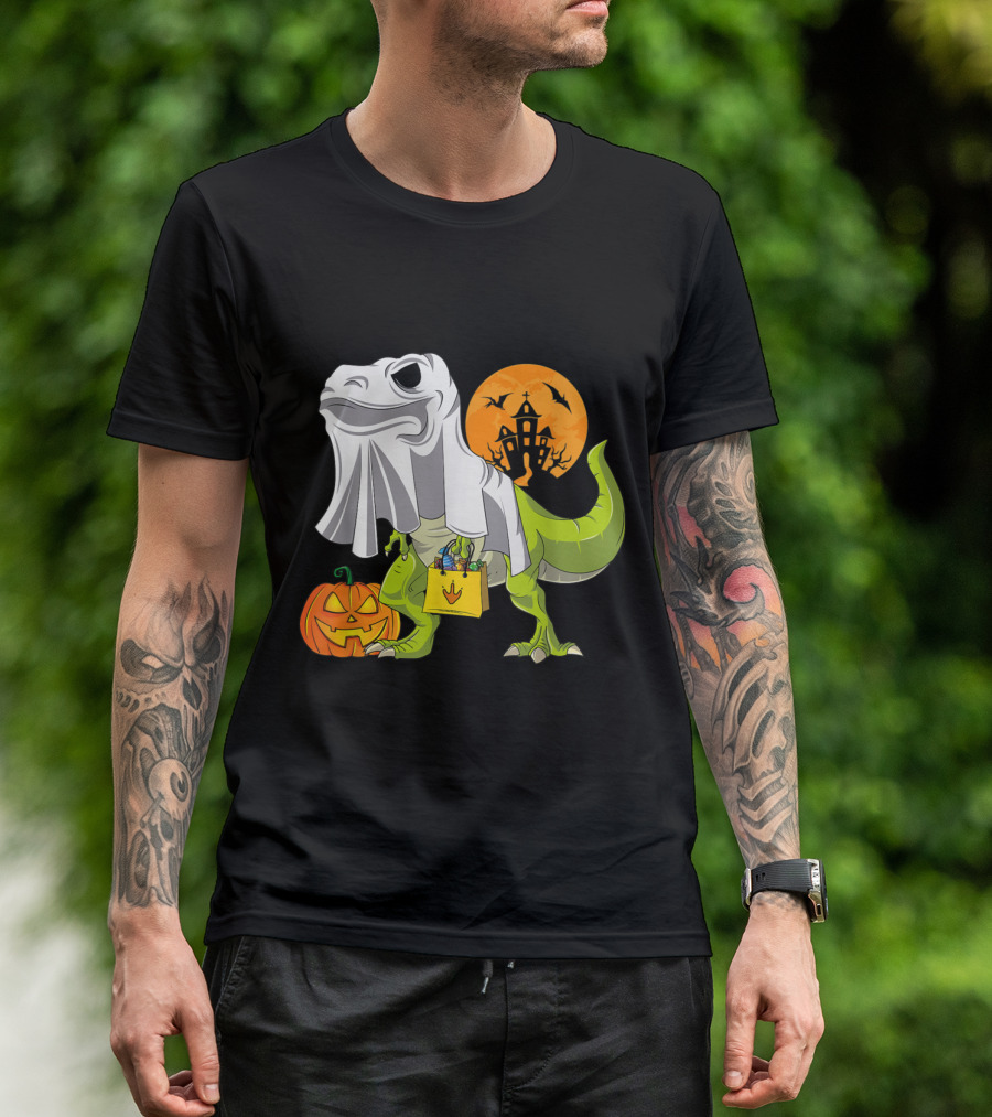 Ghost Dinosaur Trick-or-Treating With Pumpkin And Haunted House Moon T-Shirt