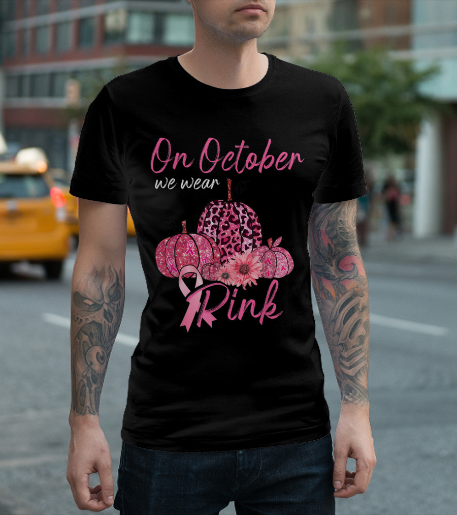 On October We Wear Pink Pumpkin Leopard Breast Cancer Awareness T-Shirt
