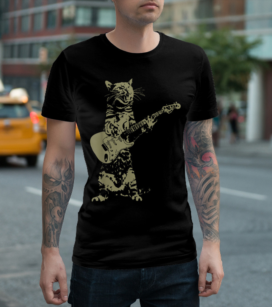 Cat Playing Electric Guitar Rocking Out T-Shirt