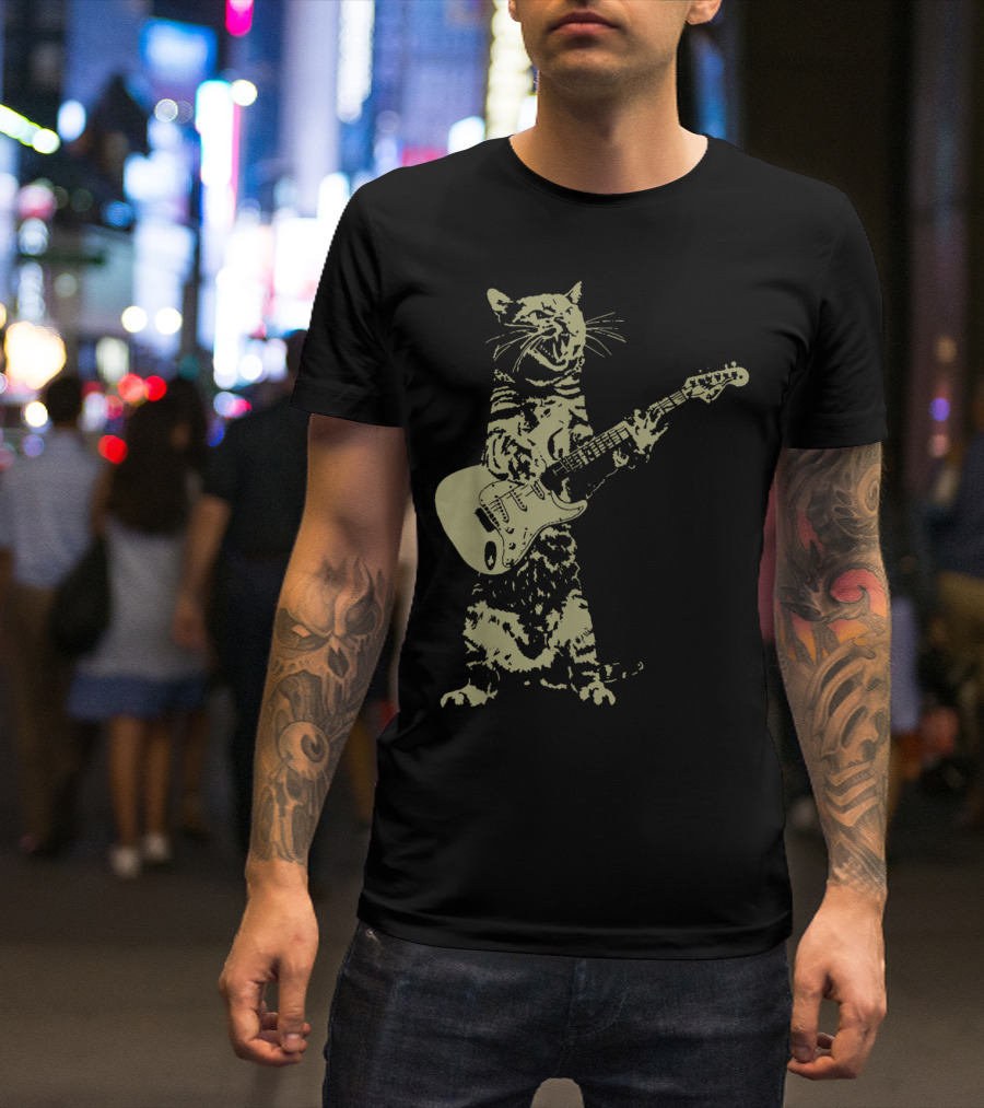 Cat Playing Electric Guitar Rocking Out T-Shirt