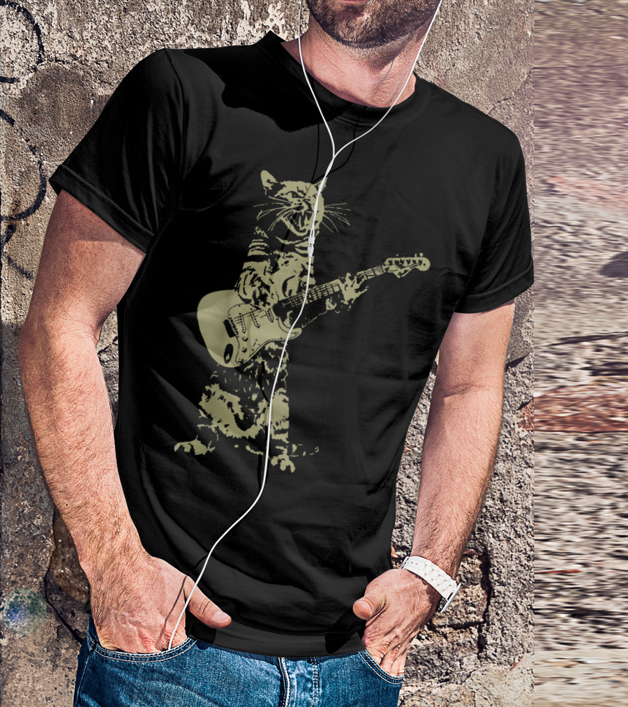 Cat Playing Electric Guitar Rocking Out T-Shirt