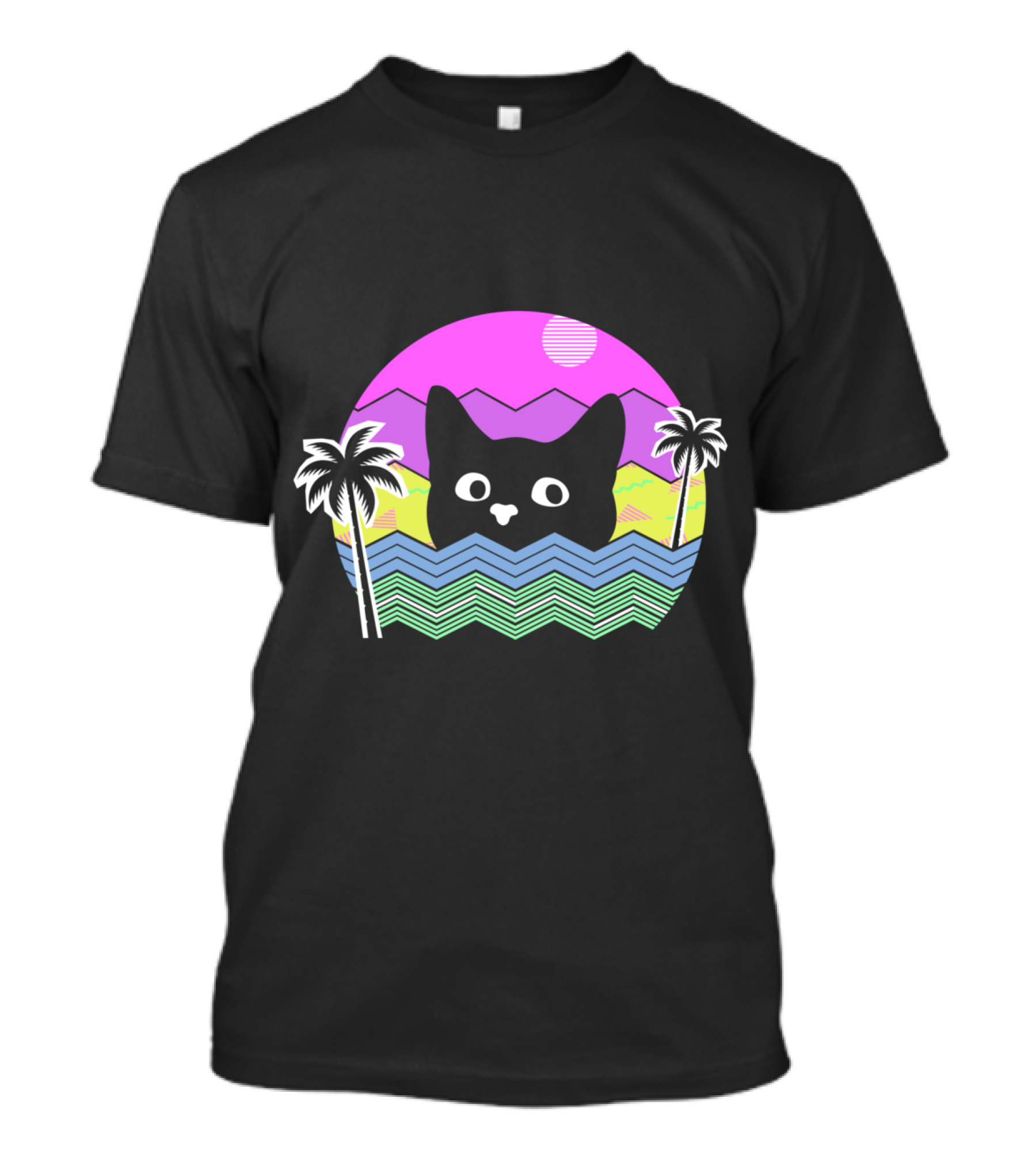 Cat 90's Vaporwave Aesthetic Tropical Palms Retro Waves T-Shirt