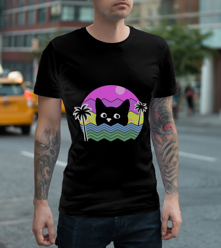 Cat 90's Vaporwave Aesthetic Tropical Palms Retro Waves T-Shirt