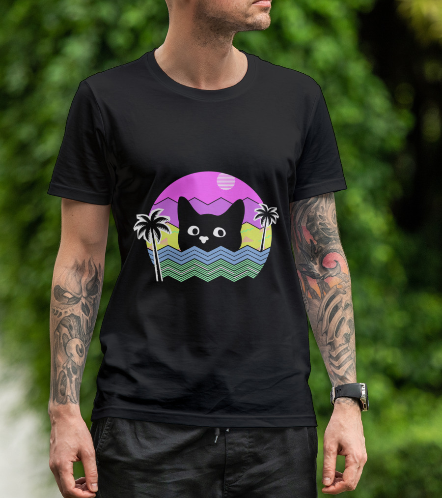 Cat 90's Vaporwave Aesthetic Tropical Palms Retro Waves T-Shirt
