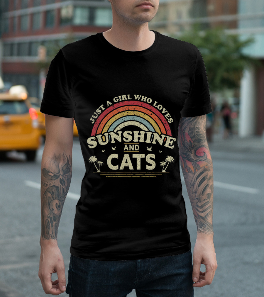 Just a Girl Who Loves Sunshine and Cats Rainbow Palm Trees T-Shirt