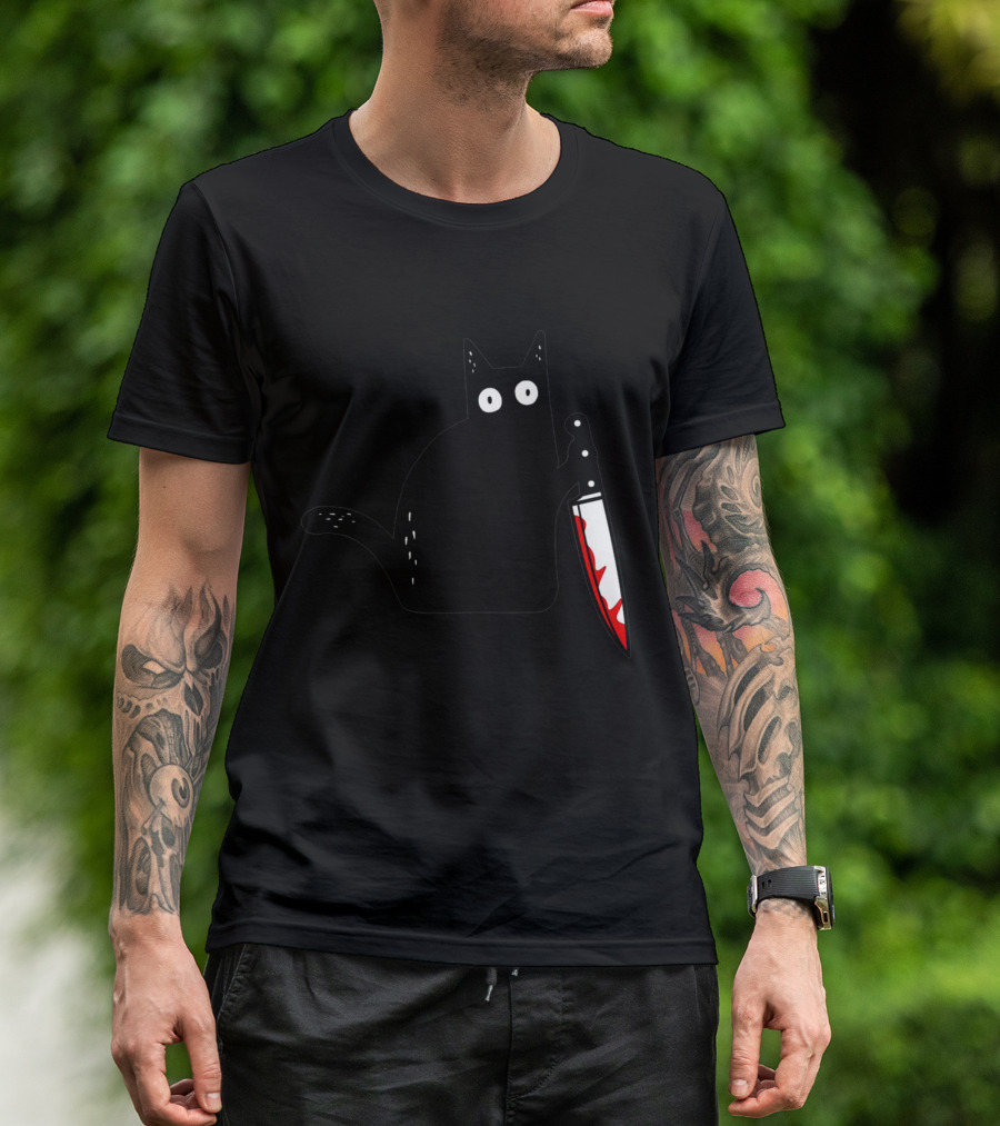 Funny Black Cat Murderous Cat With Knife What T-Shirt