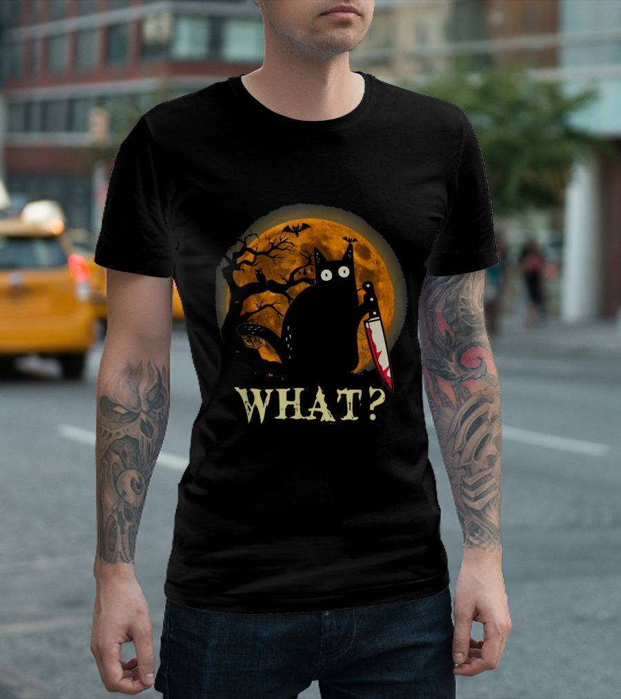 What Funny Murderous Cat With Knife Halloween Moon T-Shirt