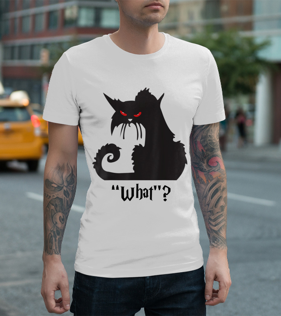 Black Cat With Red Eyes What? Halloween Funny Cat T-Shirt