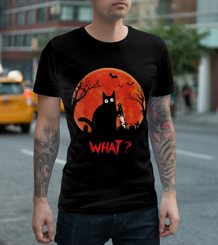 What Murderous Cat Holding Knife Halloween Moon T-Shirt