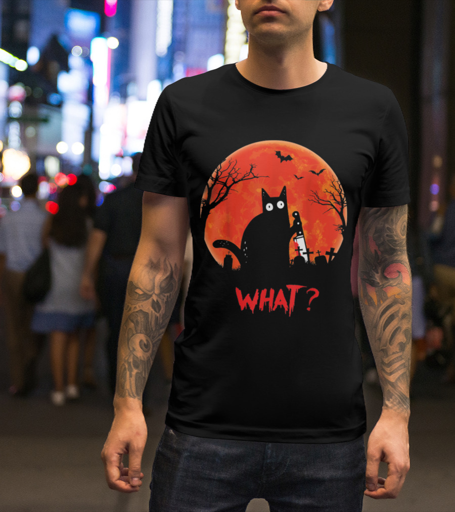 What Murderous Cat Holding Knife Halloween Moon T-Shirt