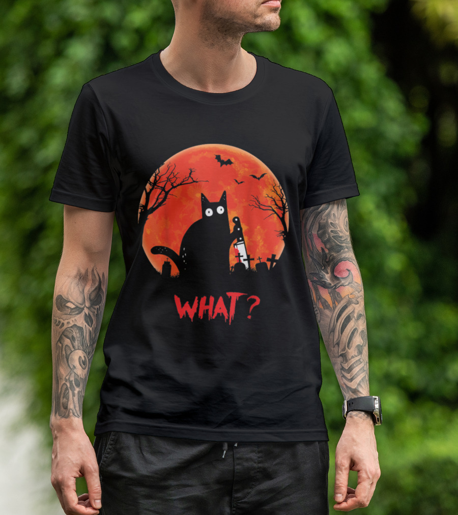 What Murderous Cat Holding Knife Halloween Moon T-Shirt