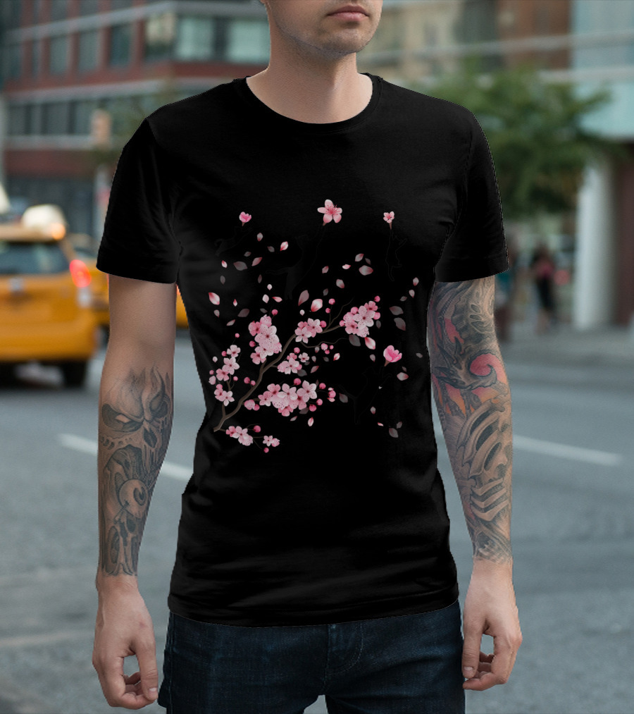 Cherry Blossom Branch with Playful Cats for Cat Lovers T-Shirt