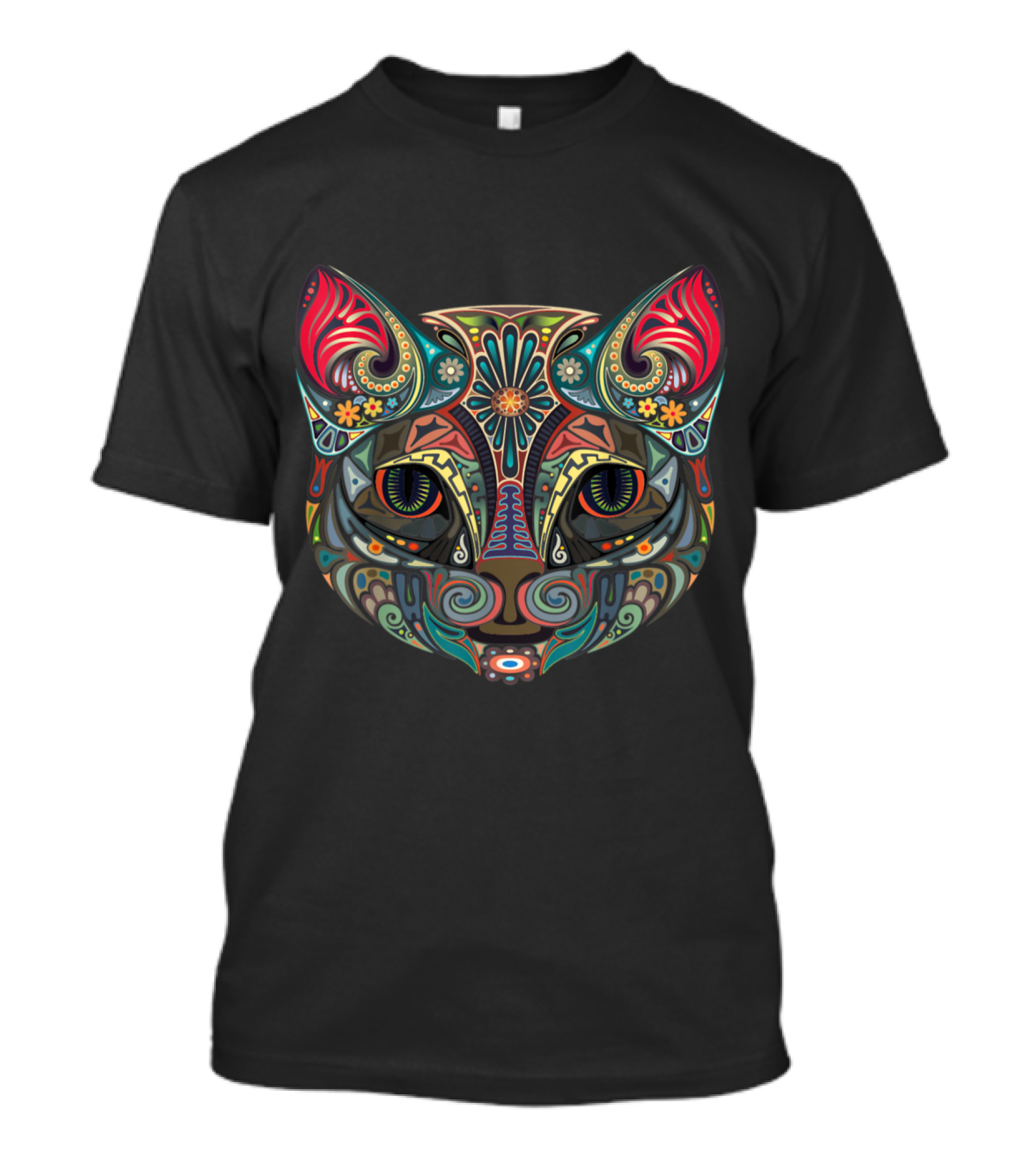 Sugar Skull Cat Day Of The Dead Colorful Patterned Cat Face T-Shirt