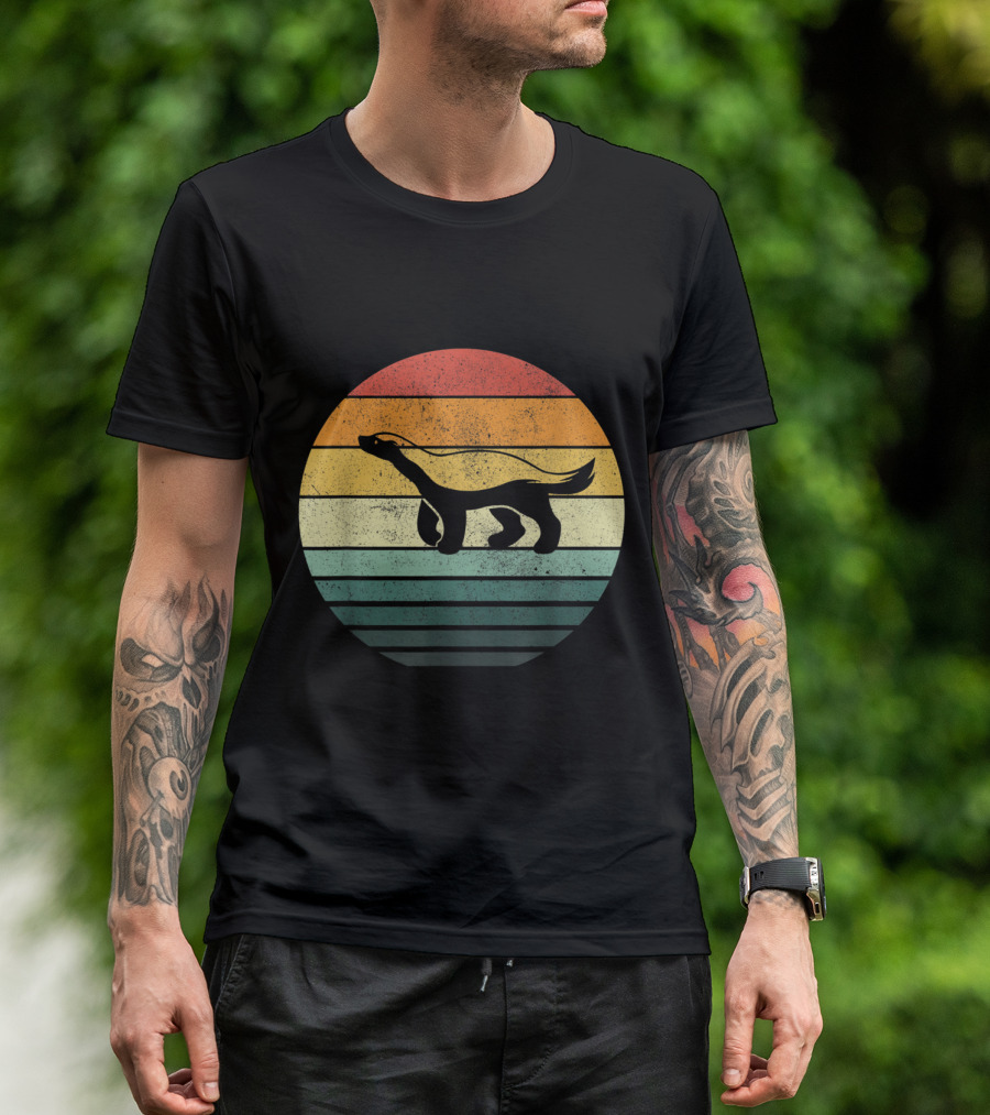 Honey Badger Sunset Vintage 70s Nature Lovers Retro Stripes T-Shirt