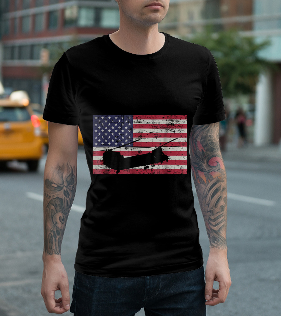 CH 47 Chinook Helicopter with American Flag Background Patriotic T-Shirt